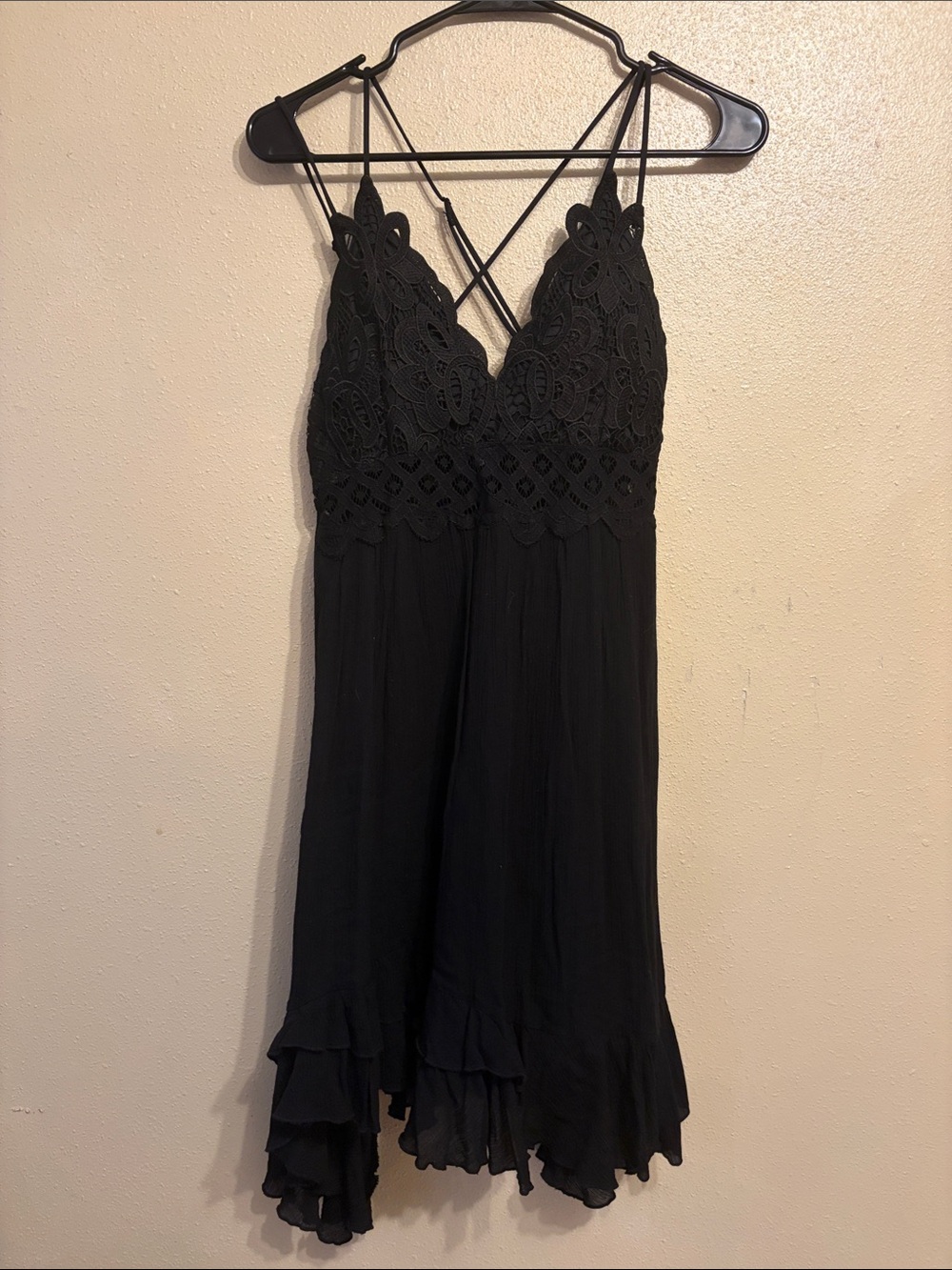 HYFVE Black Crochet Lace V-Neck Dress with Ruffle Hem